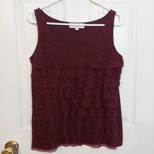 Ann Taylor Loft Burgundy Red Polka Dot Ruffle Front Tiered Tank Blouse Size M